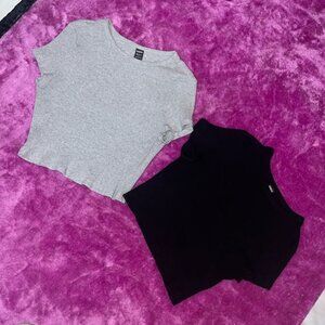 SHEIN Black and Grey Short Sleeve Ribbed Crop Tops Basics